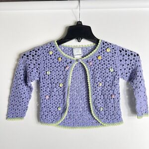 Vtg Cornelloki for Cornell Trading Girls 2T Blue Crochet Cardigan Flower Sweater